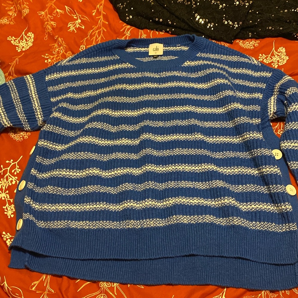 Blue and white striped sweater with white buttons on sides pullover